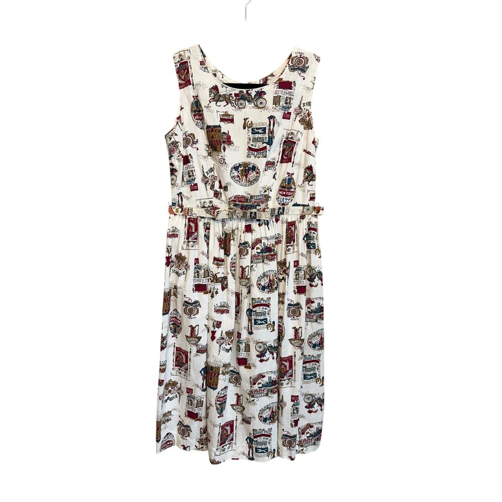 Vintage Novelty Fit & Flare Dress Small White Midi Belted Pinup Rockabilly Retro